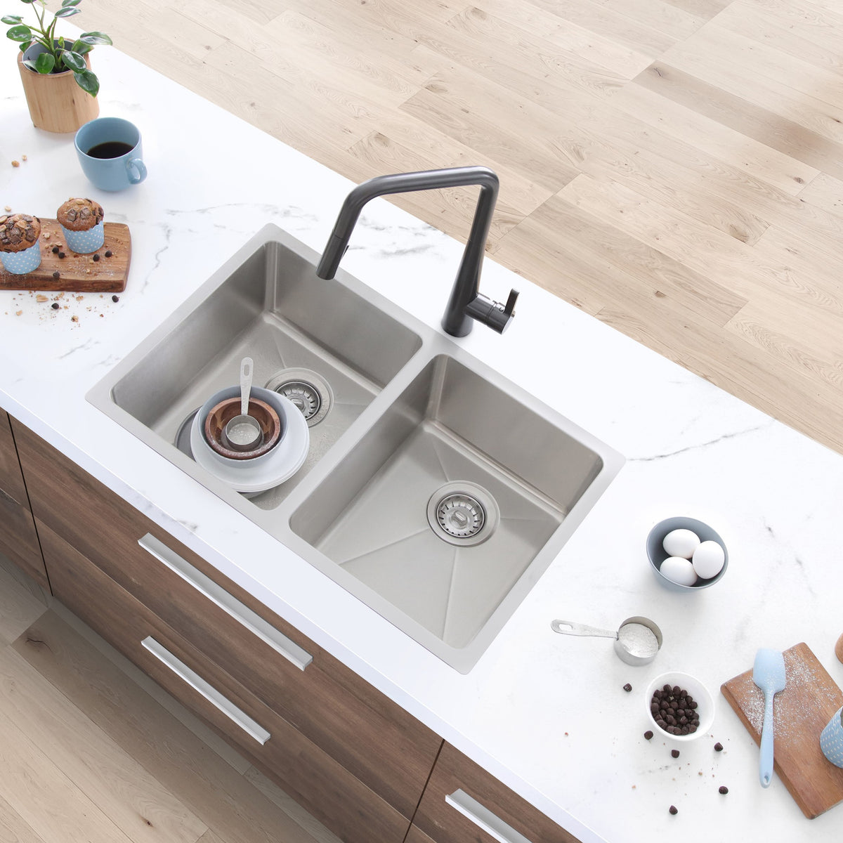 Stylish Toledo 31" Dual Mount Double Bowl Kitchen Sink 16 Gauge Stainless Steel with Standard Strainers Set of Three S-401-3