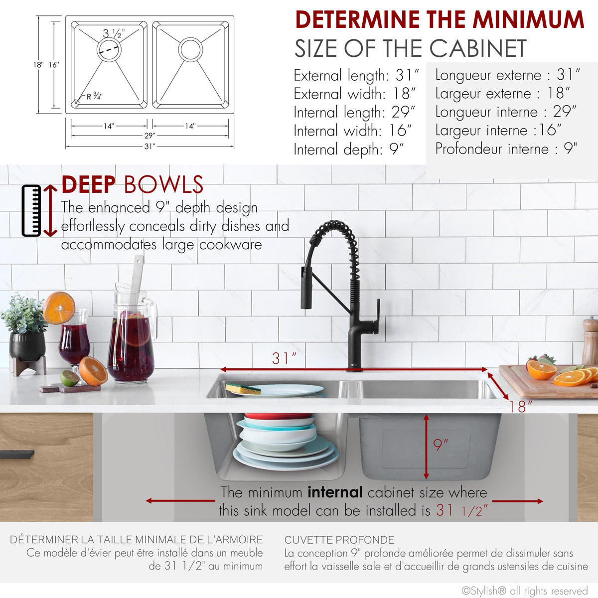 Stylish Toledo 31" Dual Mount Double Bowl Kitchen Sink 16 Gauge Stainless Steel with Standard Strainers Set of Three S-401-3