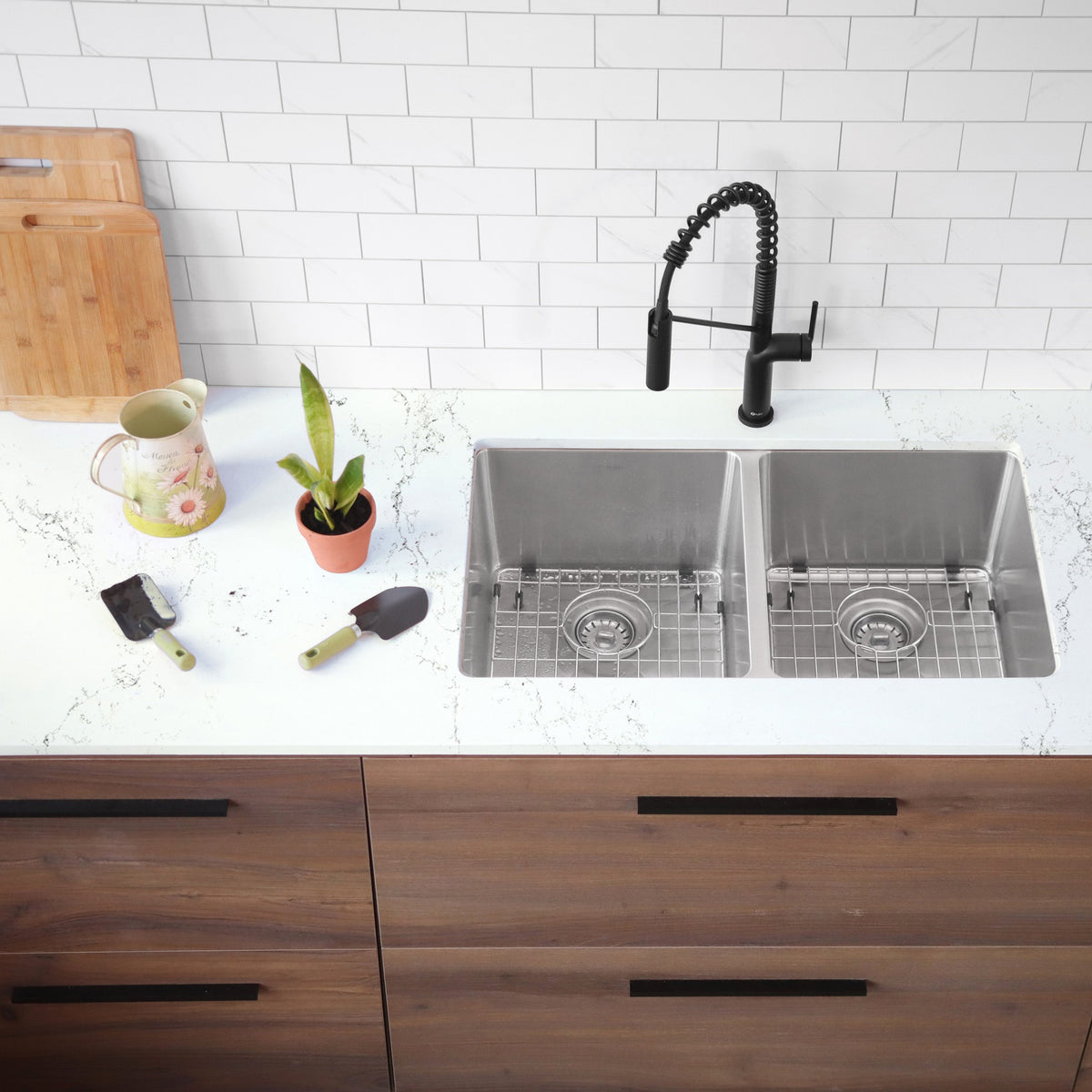 Stylish Toledo 31" Dual Mount Double Bowl Kitchen Sink 16 Gauge Stainless Steel with Grids and Standard Strainers Set of Three S-401G-3
