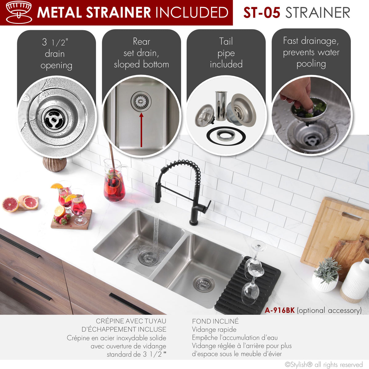 Stylish Avila 29" Dual Mount Double Bowl Kitchen Sink 18 Gauge Stainless Steel with Standard Strainers Set of Three S-414T-3
