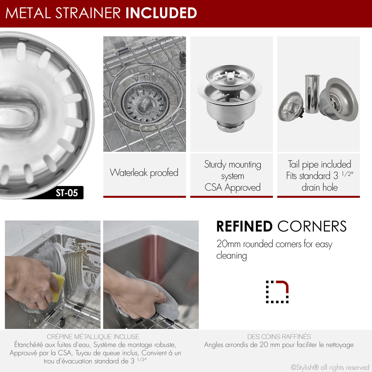 Stylish Valencia 31" Dual Mount Single Bowl Kitchen Sink 16 Gauge Stainless Steel with Grid and Standard Strainer Set of Three S-402G-3