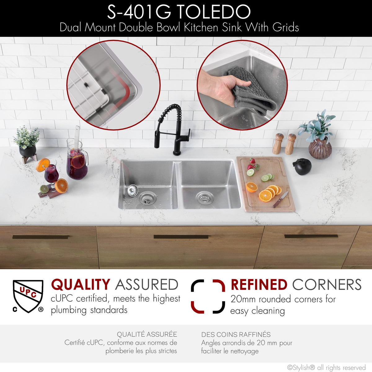 Stylish Toledo 31" Dual Mount Double Bowl Kitchen Sink 16 Gauge Stainless Steel with Grids and Standard Strainers Set of Three S-401G-3