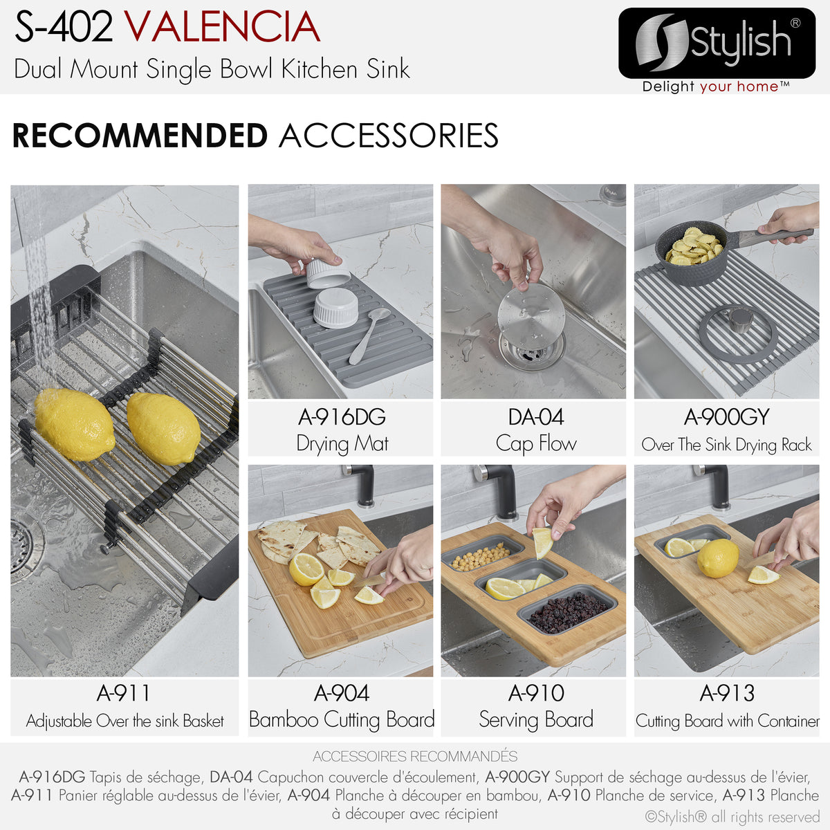 Stylish Valencia 31" Dual Mount Single Bowl Kitchen Sink 16 Gauge Stainless Steel with Standard Strainer Set of Three S-402-3