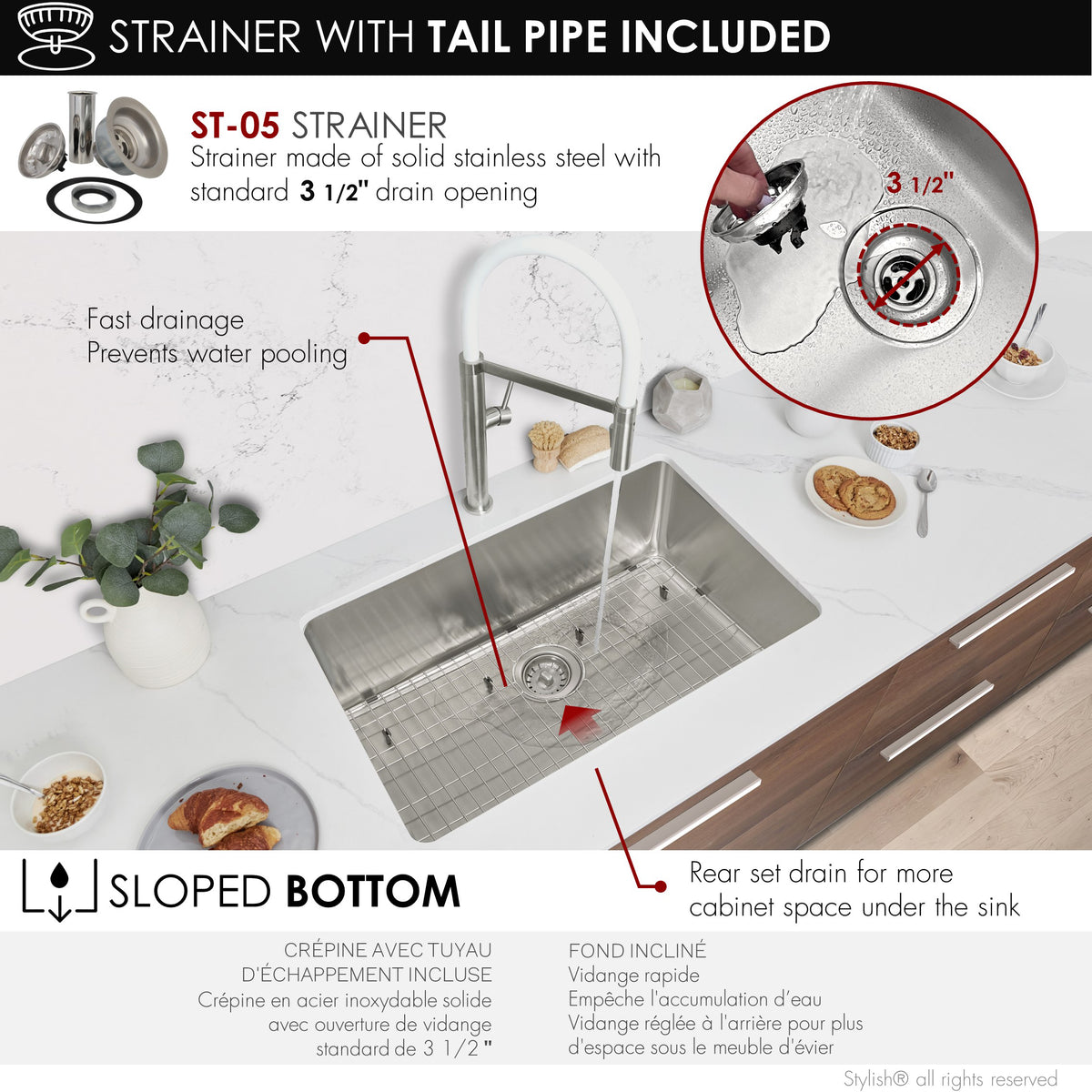 Stylish Olite 27" Dual Mount Single Bowl Kitchen Sink 18 Gauge Stainless Steel with Grid and Standard Strainer Set of Three S-406TG-3