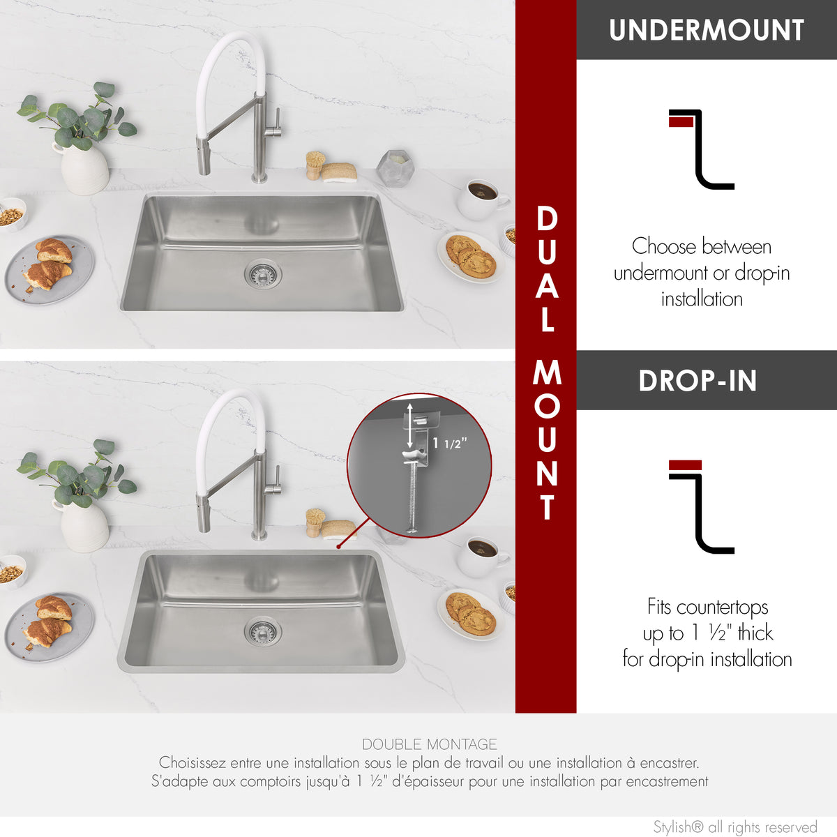 Stylish Malaga 30" Dual Mount Single Bowl Kitchen Sink 18 Gauge Stainless Steel with Standard Strainers Set of Three S-411T-3