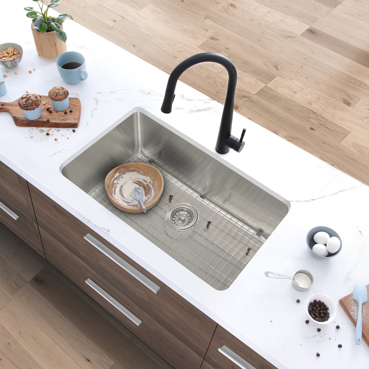 Stylish Malaga 30" Dual Mount Single Bowl Kitchen Sink 18 Gauge Stainless Steel with Grid Standard Strainer Set of Three S-411TG-3