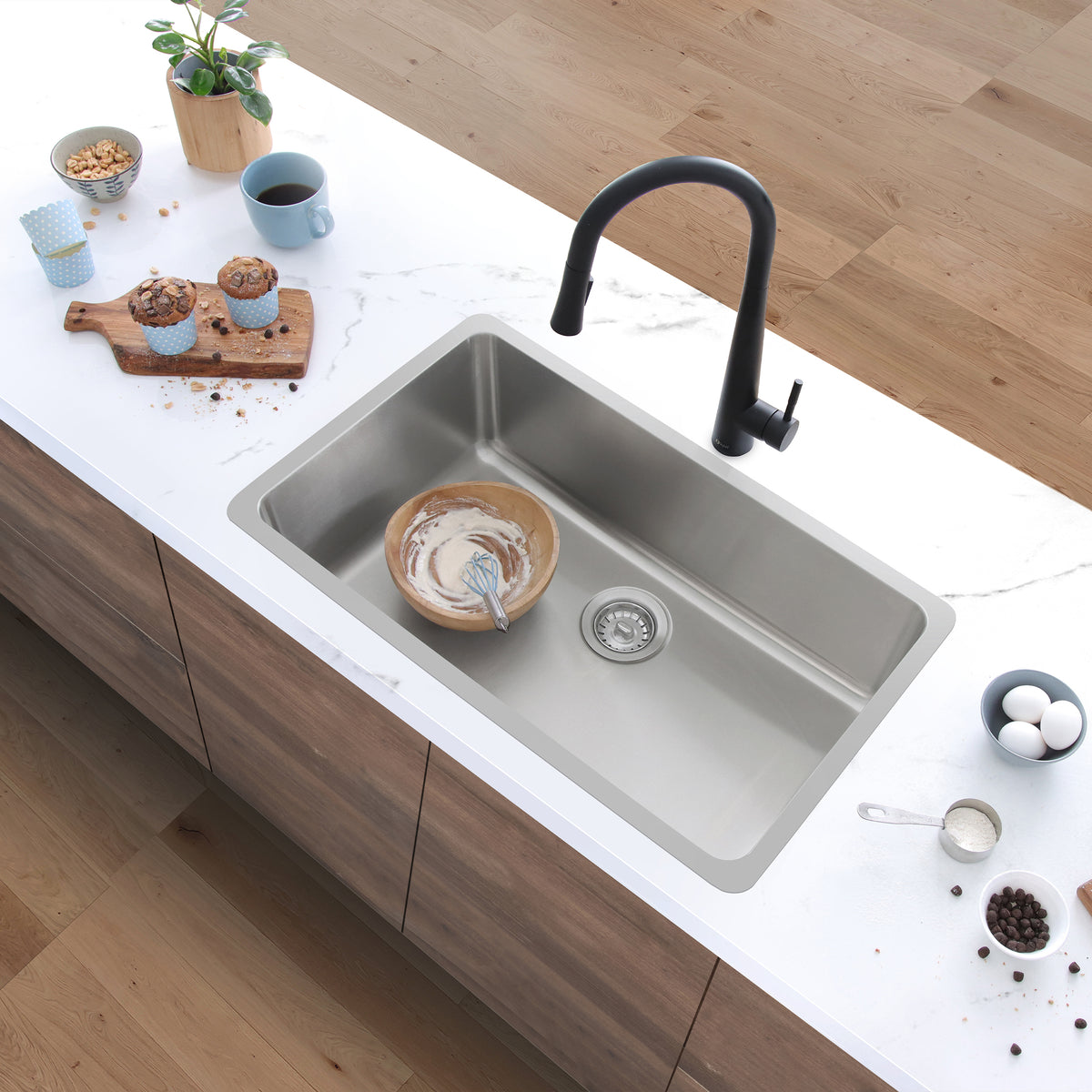 Stylish Malaga 30" Dual Mount Single Bowl Kitchen Sink 18 Gauge Stainless Steel with Standard Strainers Set of Three S-411T-3