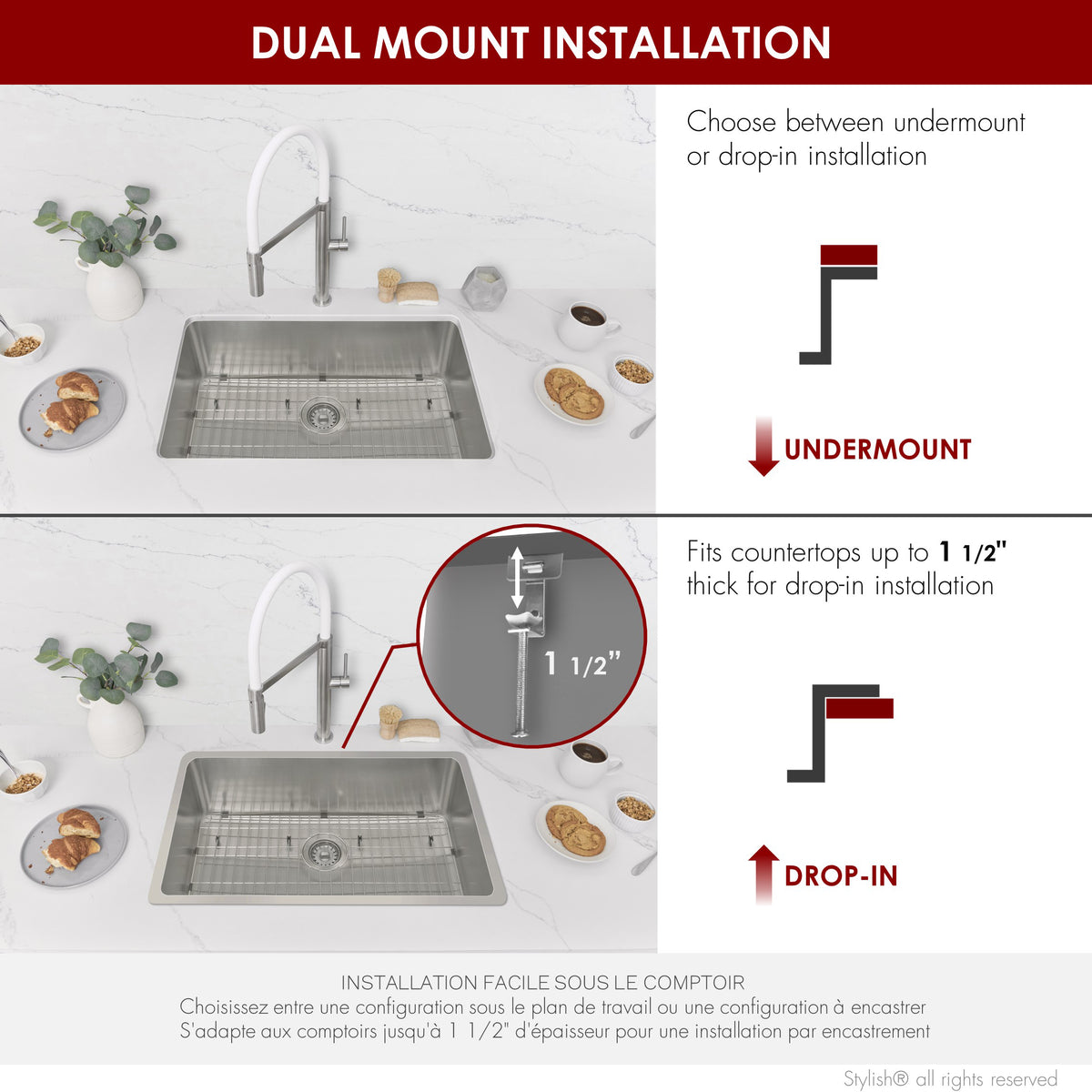 Stylish Olite 27" Dual Mount Single Bowl Kitchen Sink 18 Gauge Stainless Steel with Grid and Standard Strainer Set of Three S-406TG-3