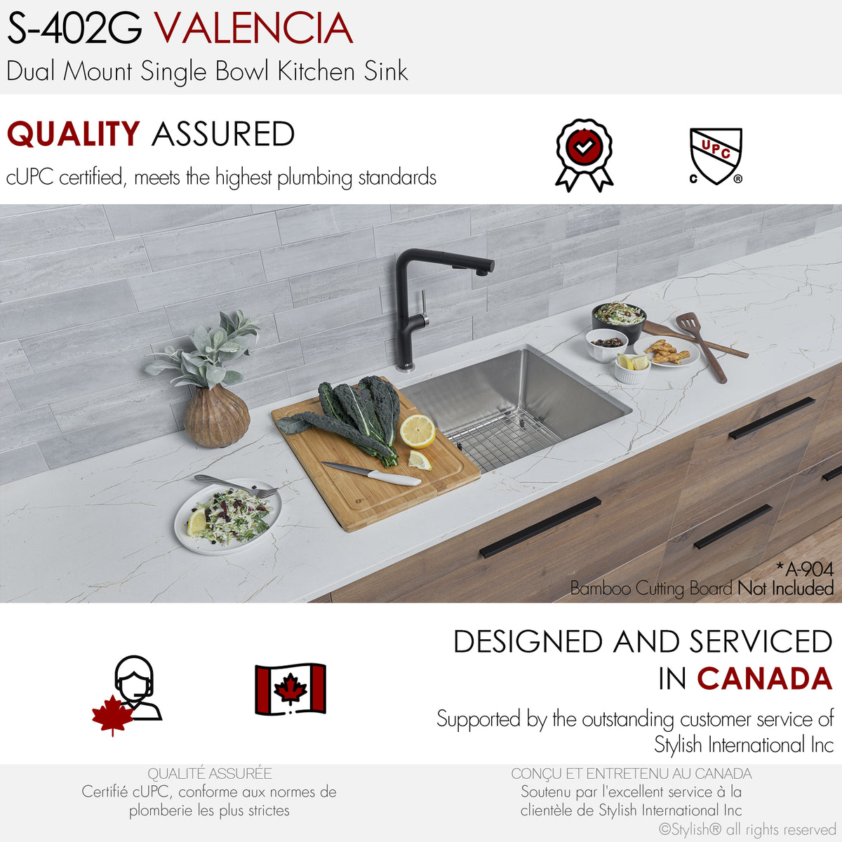 Stylish Valencia 31" Dual Mount Single Bowl Kitchen Sink 16 Gauge Stainless Steel with Grid and Standard Strainer Set of Three S-402G-3