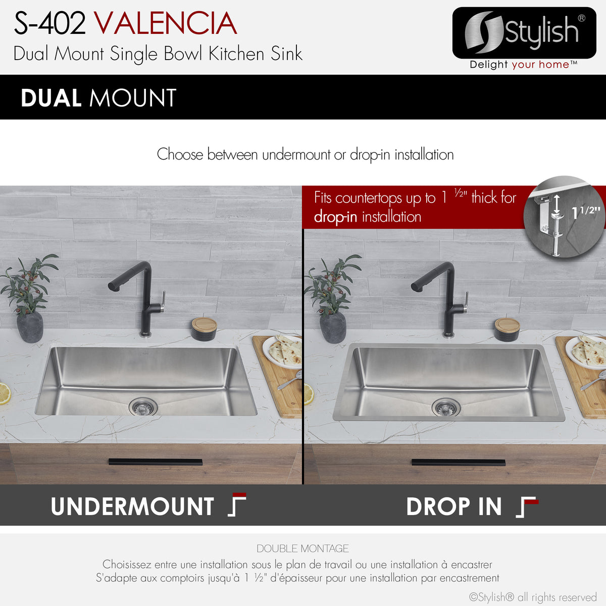 Stylish Valencia 31" Dual Mount Single Bowl Kitchen Sink 16 Gauge Stainless Steel with Standard Strainer Set of Three S-402-3