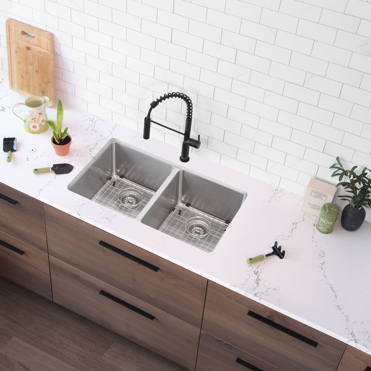 Stylish Toledo 31" Dual Mount Double Bowl Kitchen Sink 16 Gauge Stainless Steel with Grids and Standard Strainers Set of Three S-401G-3