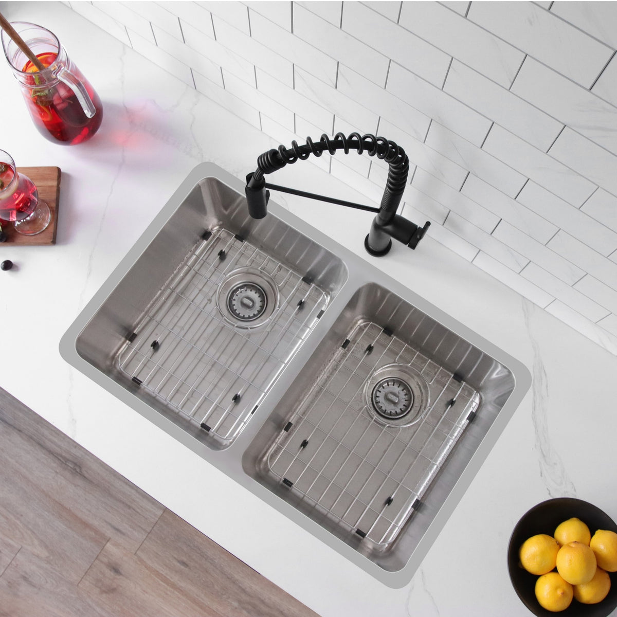 Stylish Avila 29" Dual Mount Double Bowl Kitchen Sink 18 Gauge Stainless Steel with Grids and Standard Strainers Set of Three S-414TG-3