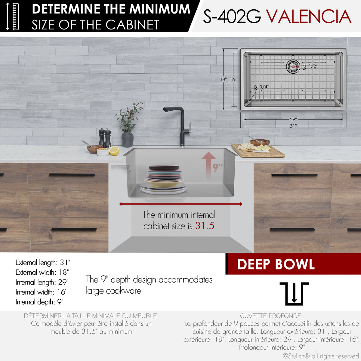 Stylish Valencia 31" Dual Mount Single Bowl Kitchen Sink 16 Gauge Stainless Steel with Grid and Standard Strainer Set of Three S-402G-3