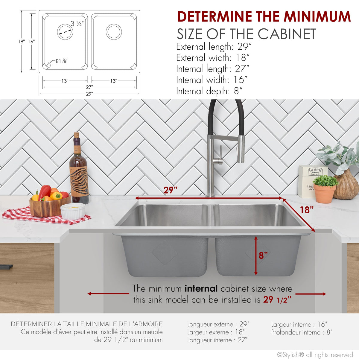 Stylish Avila 29" Dual Mount Double Bowl Kitchen Sink 18 Gauge Stainless Steel with Grids and Standard Strainers Set of Three S-414TG-3