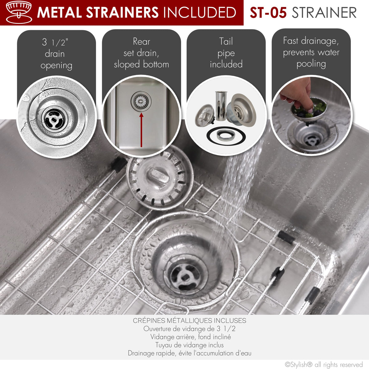 Stylish Avila 29" Dual Mount Double Bowl Kitchen Sink 18 Gauge Stainless Steel with Grids and Standard Strainers Set of Three S-414TG-3