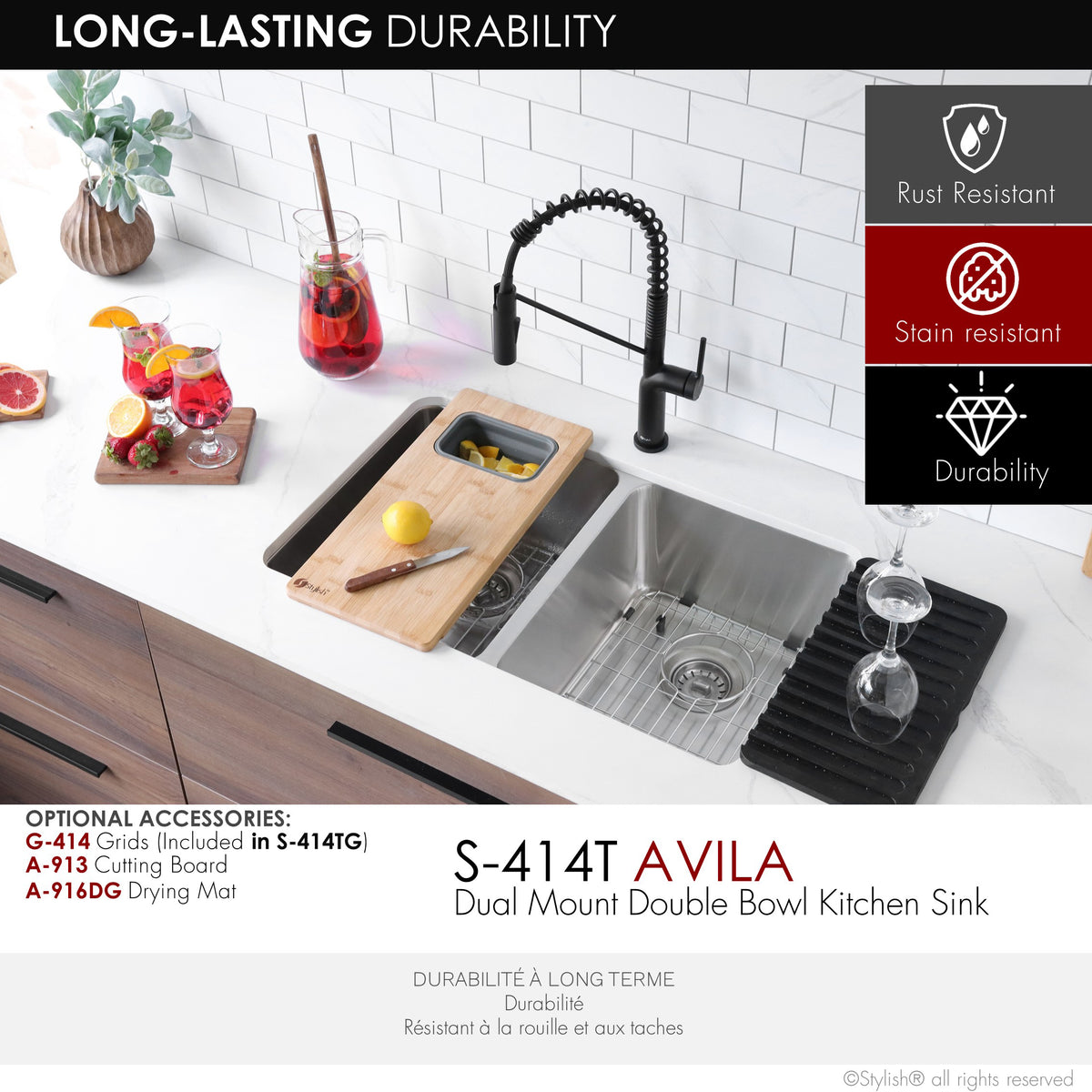 Stylish Avila 29" Dual Mount Double Bowl Kitchen Sink 18 Gauge Stainless Steel with Standard Strainers Set of Three S-414T-3