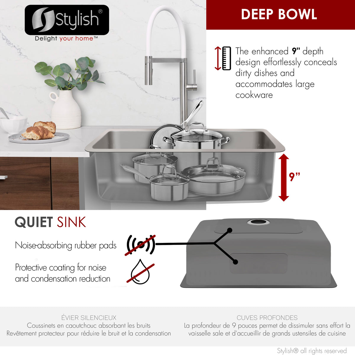 Stylish Malaga 30" Dual Mount Single Bowl Kitchen Sink 18 Gauge Stainless Steel with Grid Standard Strainer Set of Three S-411TG-3
