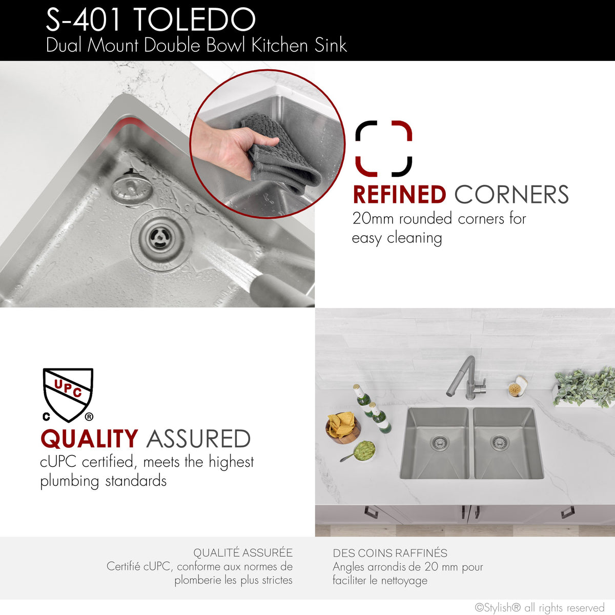 Stylish Toledo 31" Dual Mount Double Bowl Kitchen Sink 16 Gauge Stainless Steel with Standard Strainers Set of Three S-401-3
