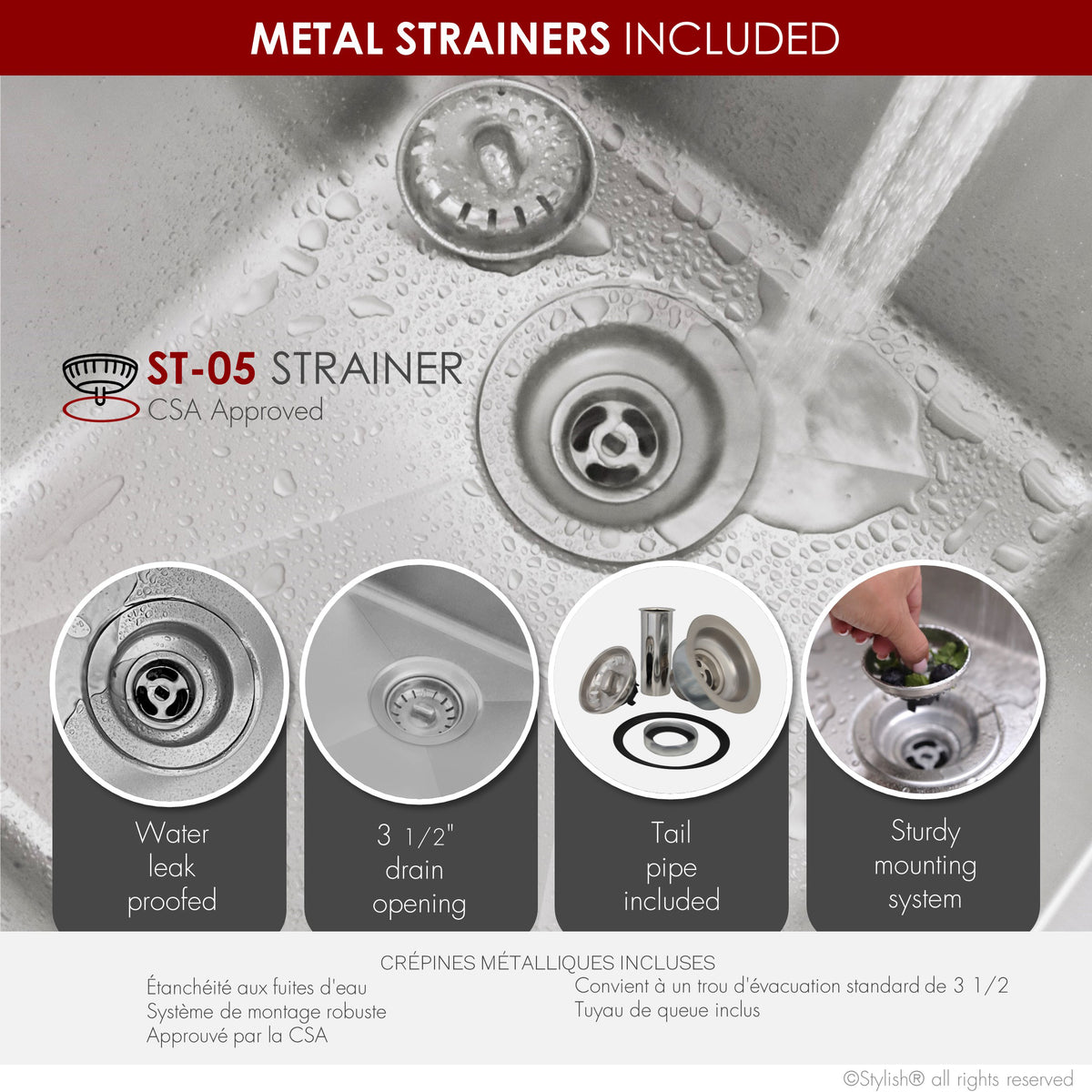 Stylish Toledo 31" Dual Mount Double Bowl Kitchen Sink 16 Gauge Stainless Steel with Grids and Standard Strainers Set of Three S-401G-3