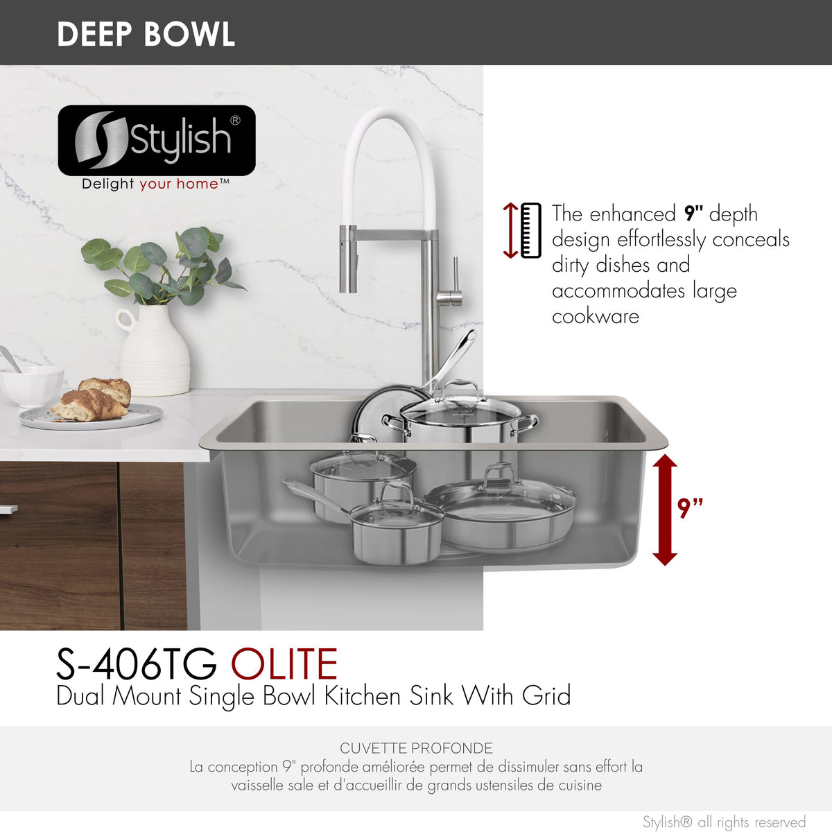 Stylish Olite 27" Dual Mount Single Bowl Kitchen Sink 18 Gauge Stainless Steel with Grid and Standard Strainer Set of Three S-406TG-3