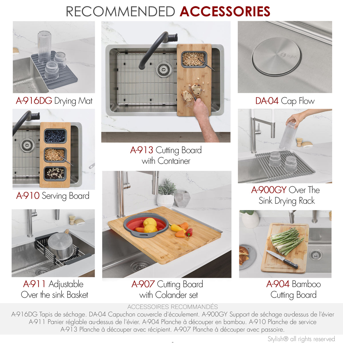 Stylish Malaga 30" Dual Mount Single Bowl Kitchen Sink 18 Gauge Stainless Steel with Grid Standard Strainer Set of Three S-411TG-3