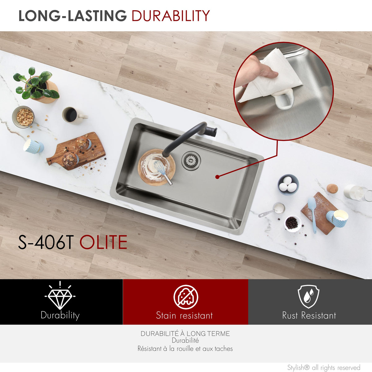 Stylish Olite 27" Dual Mount Single Bowl Kitchen Sink 18 Gauge Stainless Steel with Standard Strainer Set of Three S-406T-3