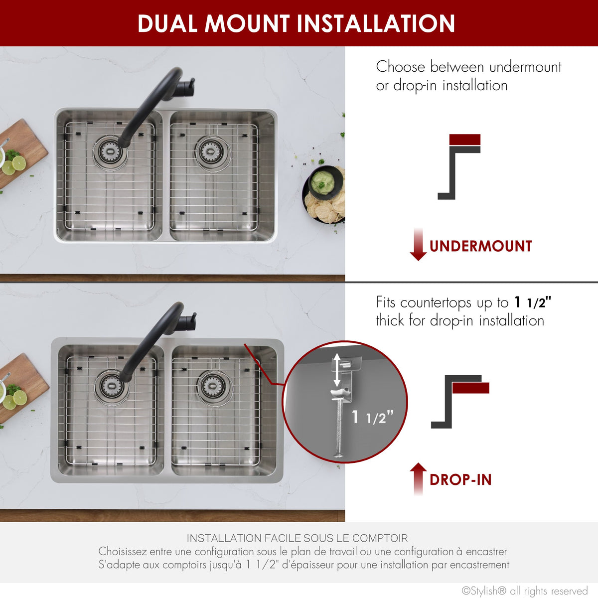 Stylish Avila 29" Dual Mount Double Bowl Kitchen Sink 18 Gauge Stainless Steel with Grids and Standard Strainers Set of Three S-414TG-3
