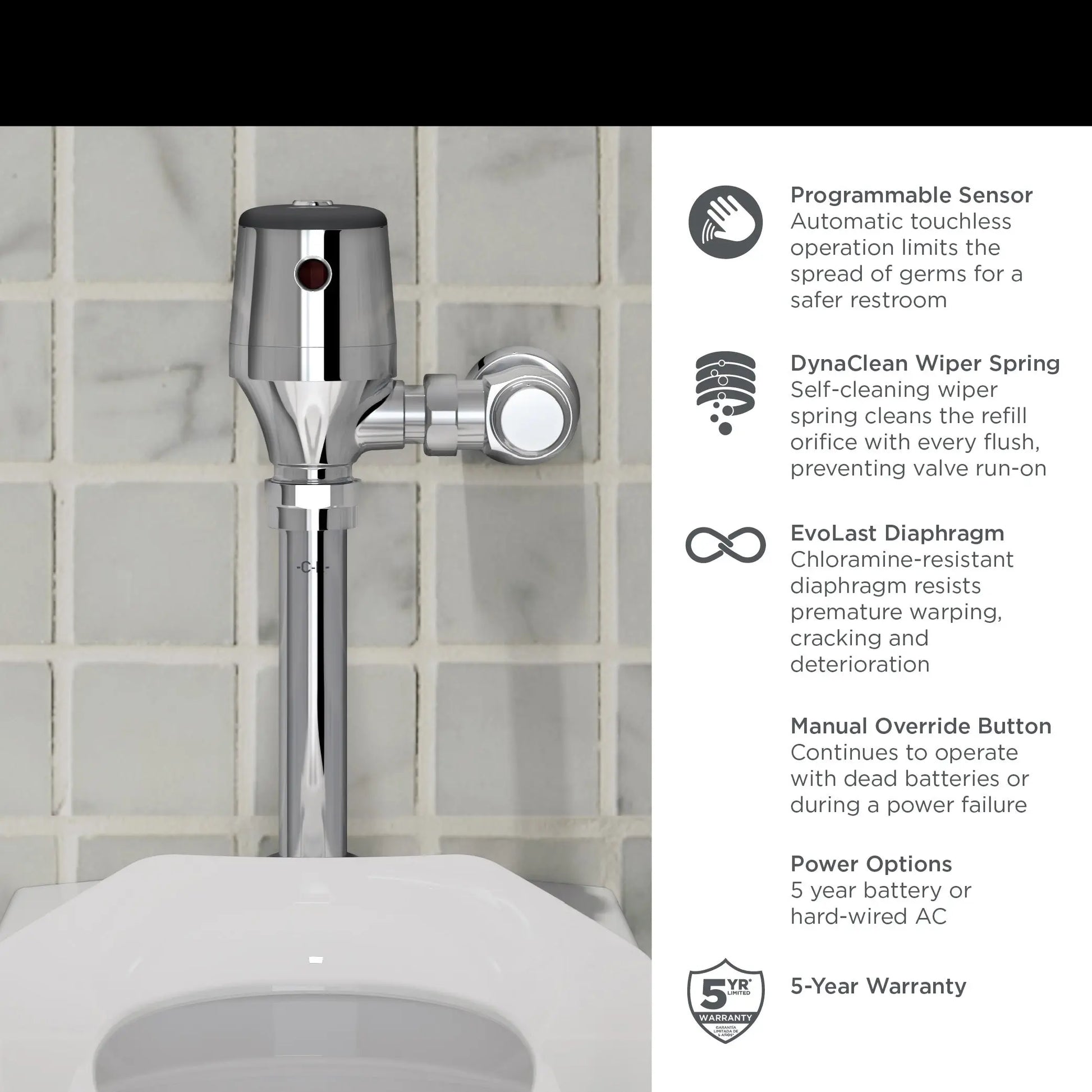 American Standard Ultima Selectronic Exposed Toilet Flush Valve, Diaphragm Type, Battery, 1.1 gpf/4.2 Lpf 6247111.002 - Plumbing Market