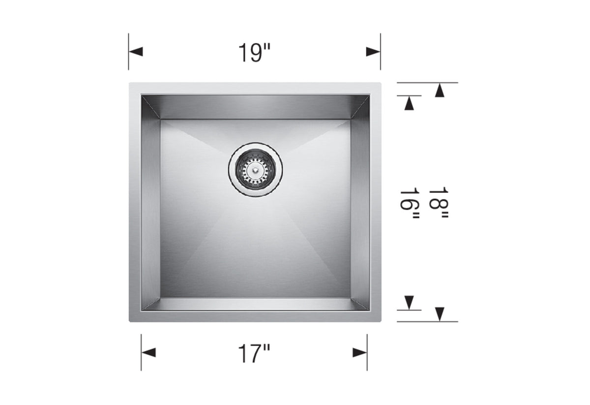 Blanco Quatrus U 19" Undermount Stainless Steel Kitchen Sink dimension drawing