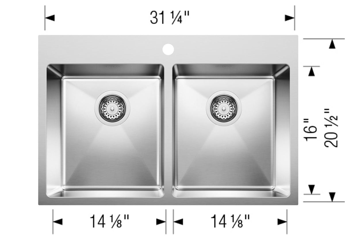 Blanco Quatrus R15 Drop-in Equal Double 31 1/4" Stainless Steel Kitchen Sink dimension drawing