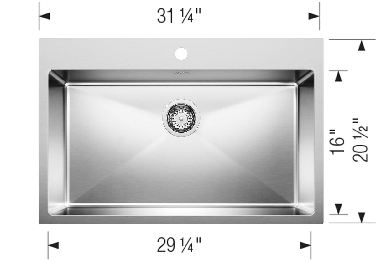Blanco Quatrus R15 Drop-in Super Single 31 1/4" Stainless Steel Kitchen Sink dimension drawing