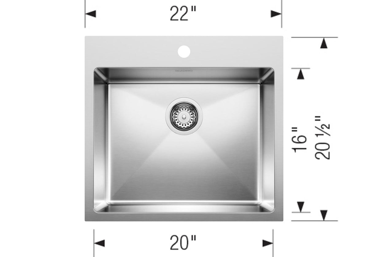 Blanco Quatrus R15 Drop-in 22 Stainless Steel Kitchen Sink dimension drawing