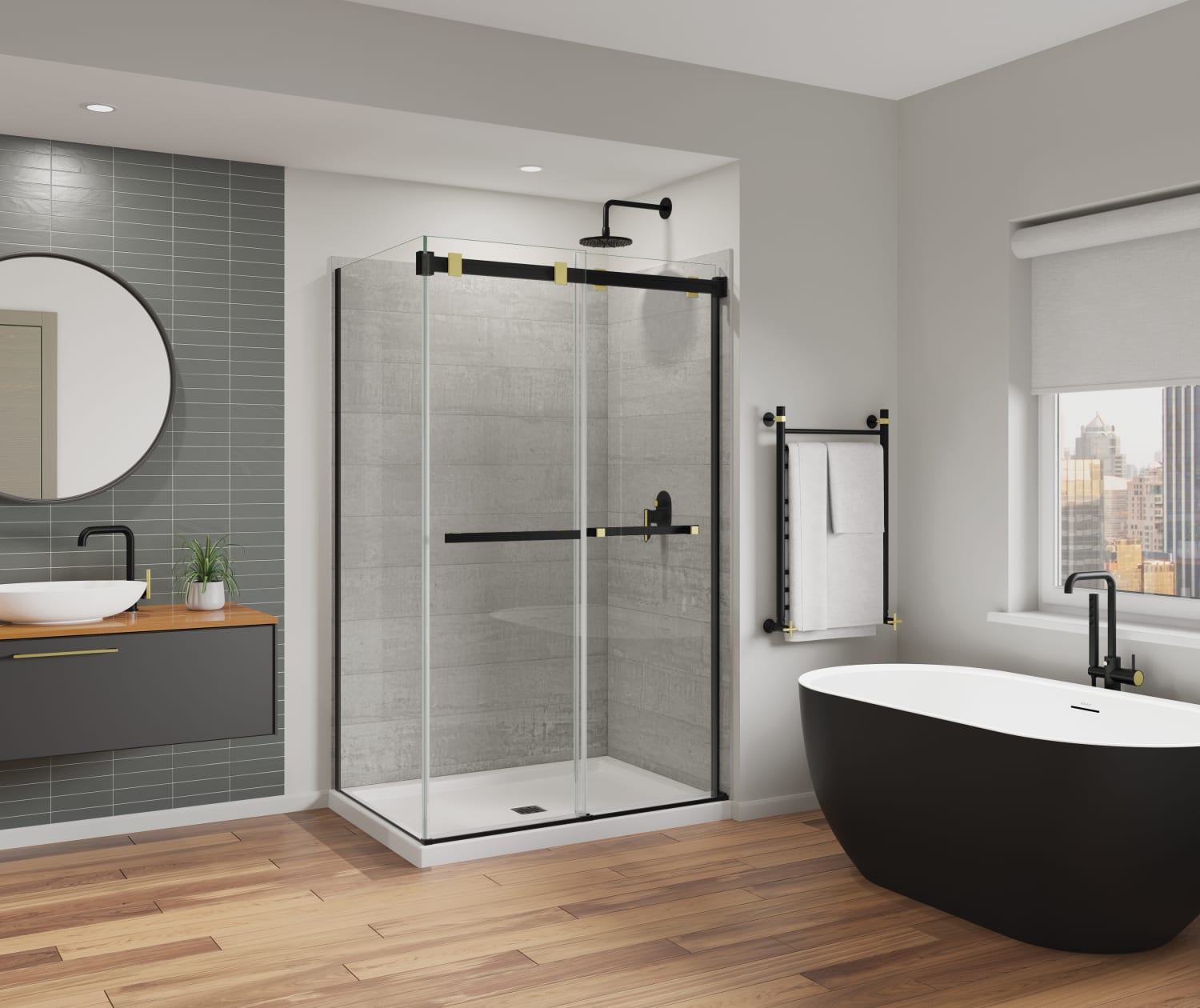 Duel Alto 44-47 X 78 in. 8mm Bypass Shower Door for Alcove Installation with GlassShield® glass in Matte Black & Brushed Gold - Plumbing Market