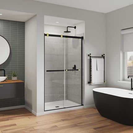 Duel Alto 44-47 X 78 in. 8mm Bypass Shower Door for Alcove Installation with GlassShield® glass in Matte Black & Brushed Gold - Plumbing Market