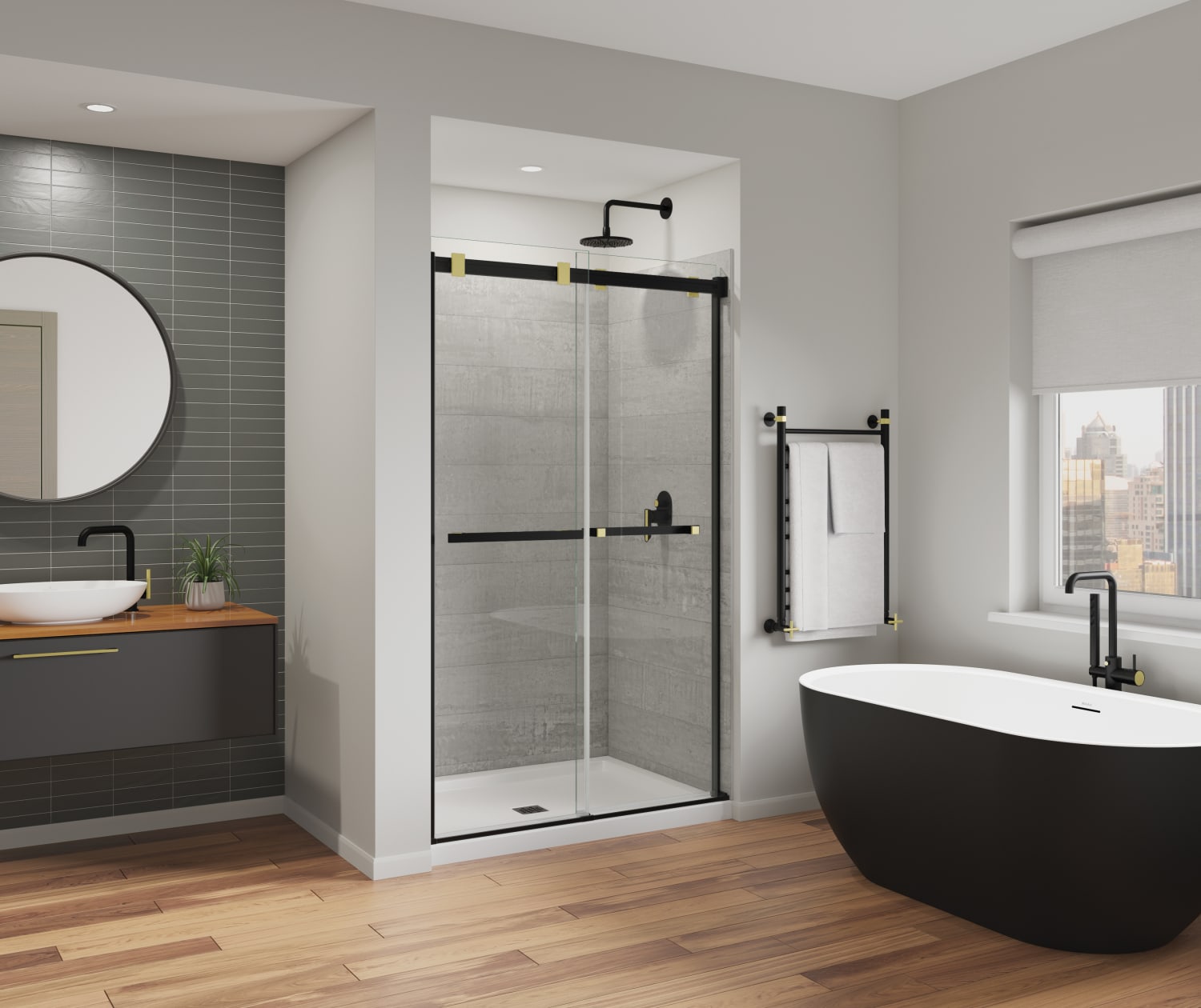 Duel Alto 44-47 X 78 in. 8mm Bypass Shower Door for Alcove Installation with GlassShield® glass in Matte Black & Brushed Gold - Plumbing Market