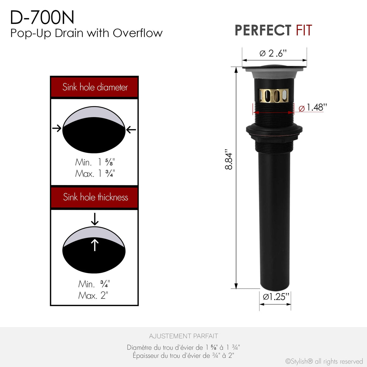 Stylish Pop-Up Bathroom Sink Drains Set with Overflow Matte Black D-700N2