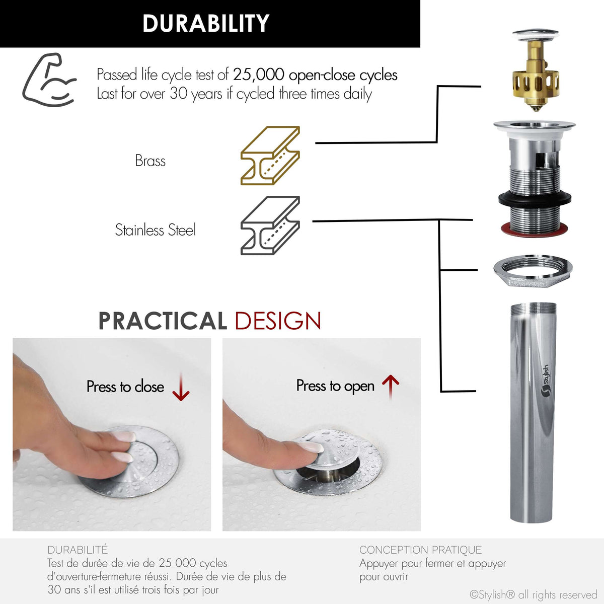 Stylish Pop-Up Bathroom Sink Drain with Overflow Polished Chrome D-700C