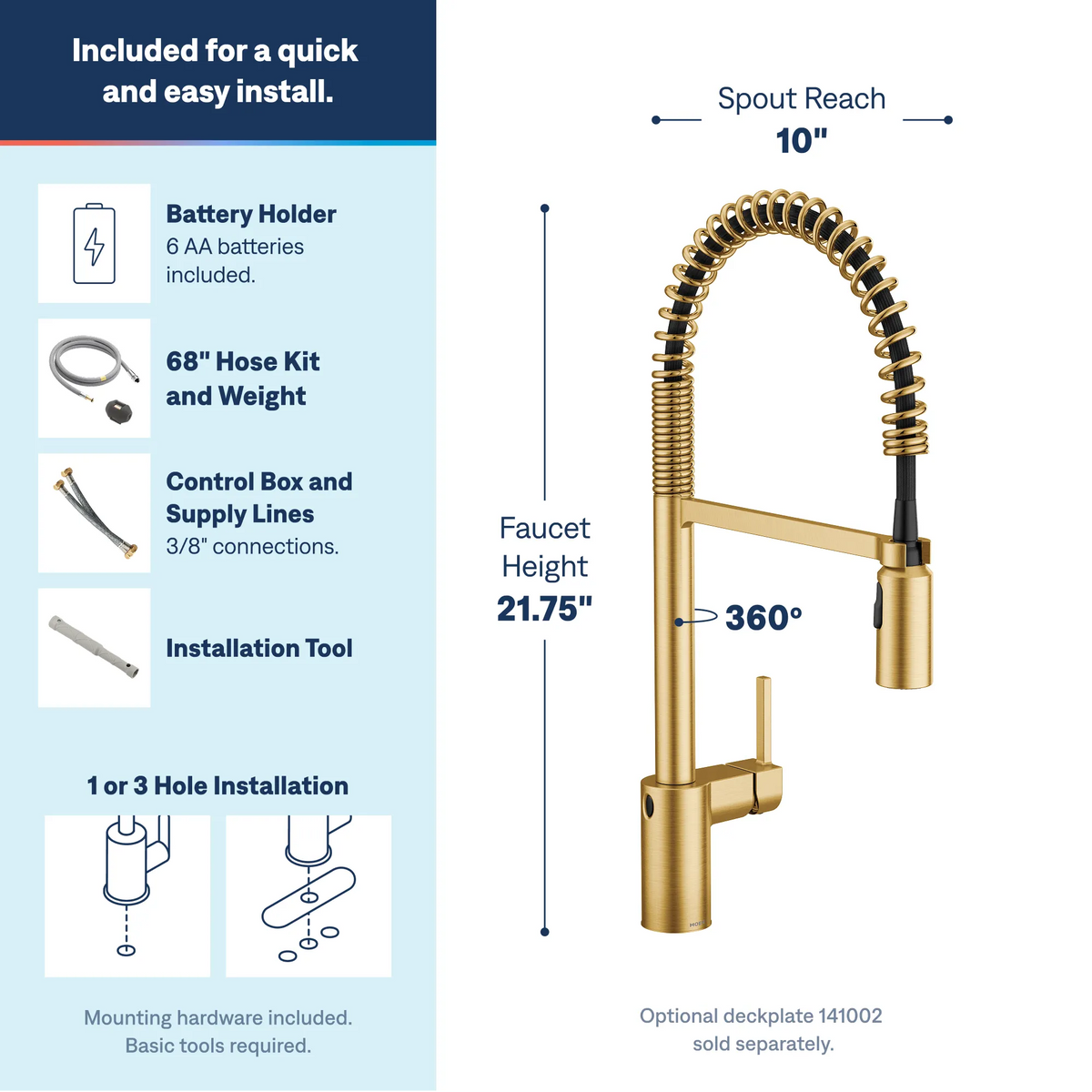 Moen Align MotionSense Wave Single-Sensor Single-Handle High-Arc Pre-Rinse Spring Pulldown Kitchen Faucet 5923EW in Brushed Gold (5923EWBG) - view 8
