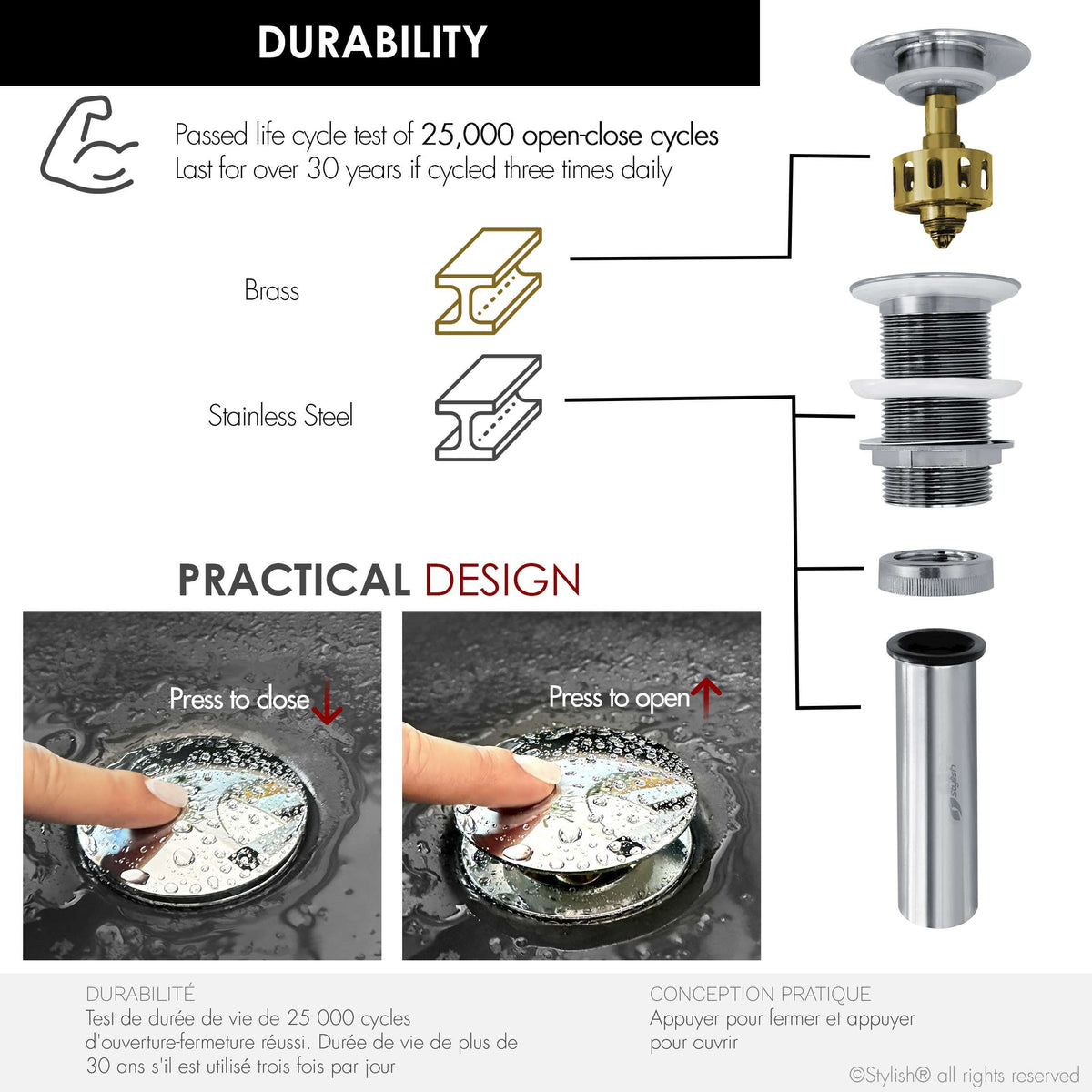 Stylish Pop-Up Bathroom Sink Drains Set Without Overflow Polished Chrome D-702C2