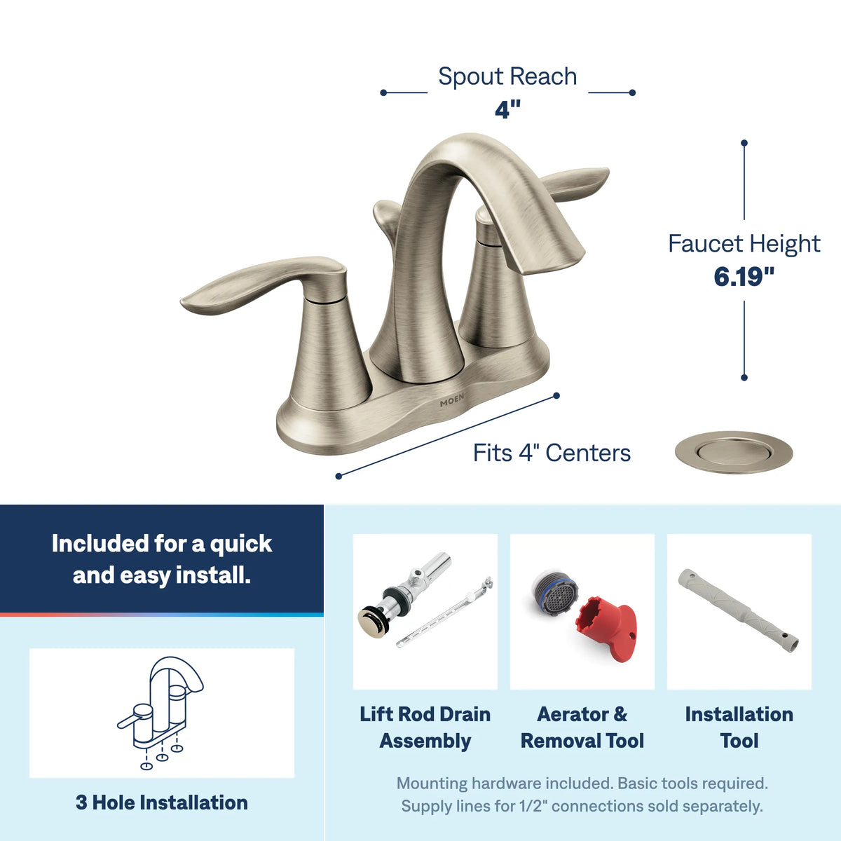 Moen Eva Two-Handle High-Arc Bathroom Faucet 6410 in Brushed Nickel (6410BN) - view 3