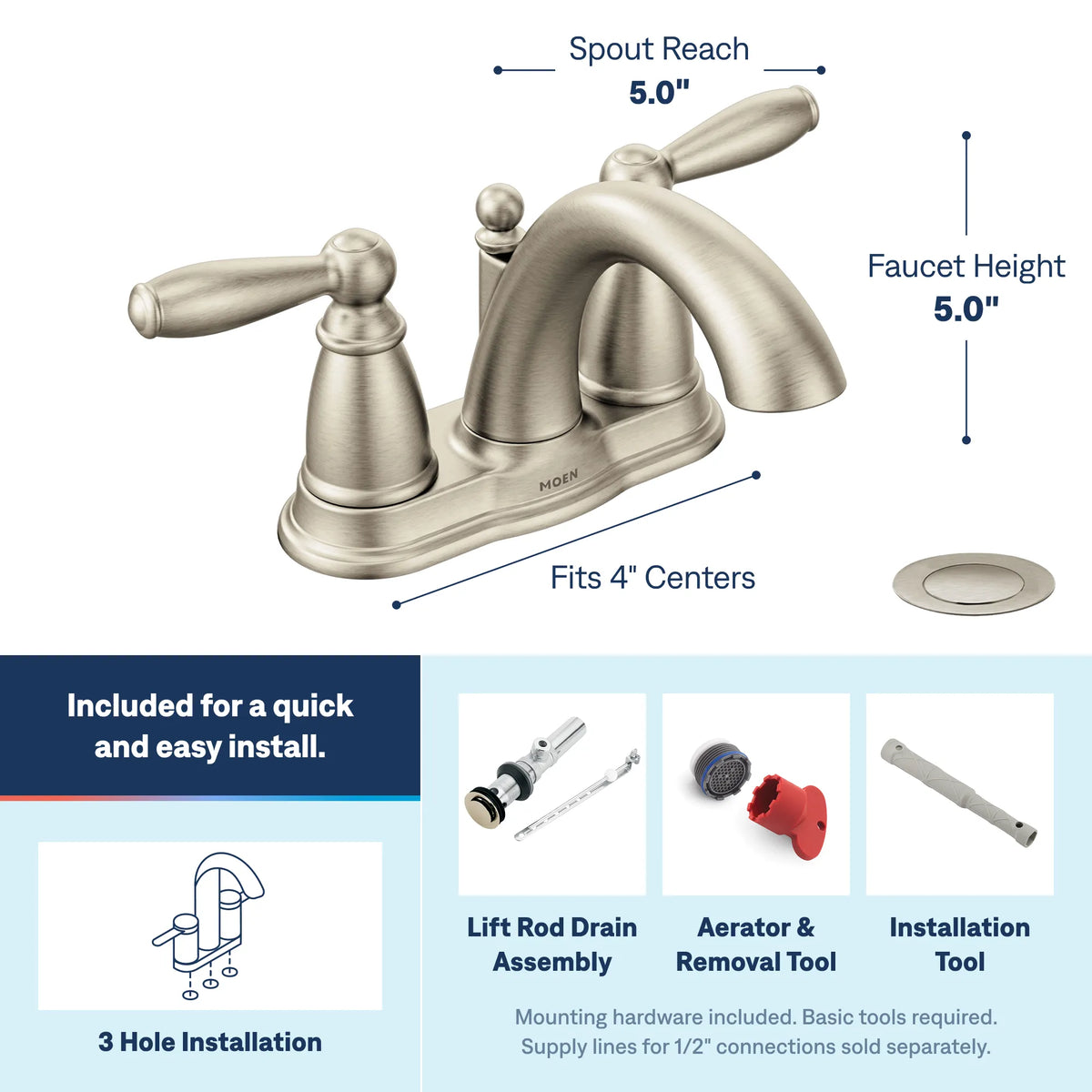 Moen Brantford Two-Handle High-Arc Bathroom Faucet 6610 in Brushed Nickel (6610BN) - view 3