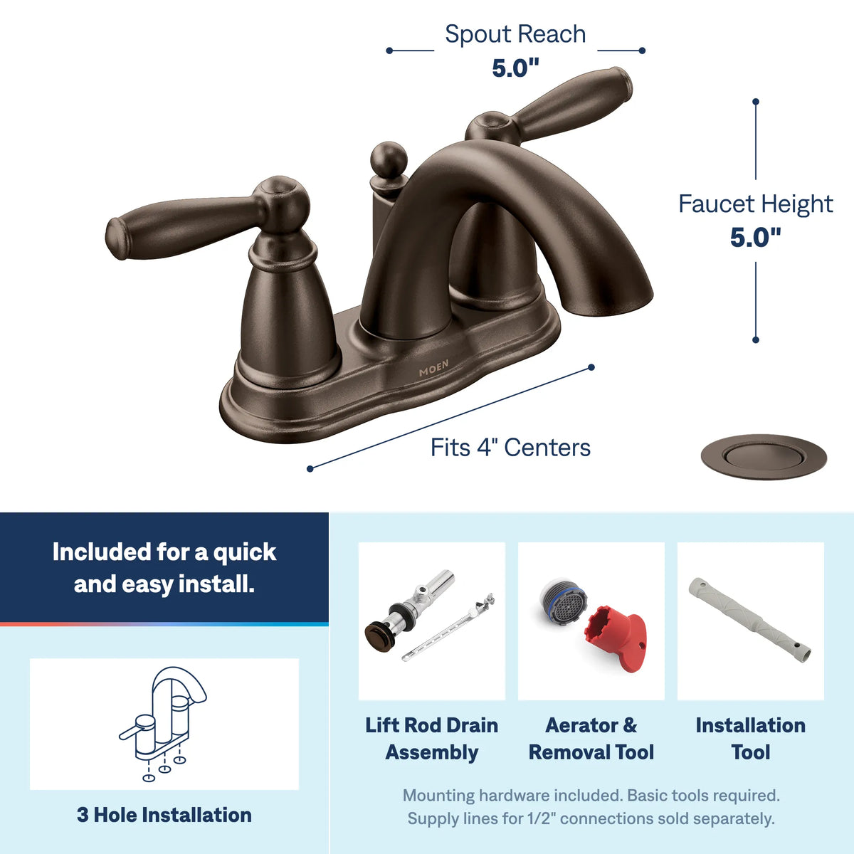 Moen Brantford Two-Handle High-Arc Bathroom Faucet 6610 in Oil Rubbed Bronze (6610ORB) - view 3