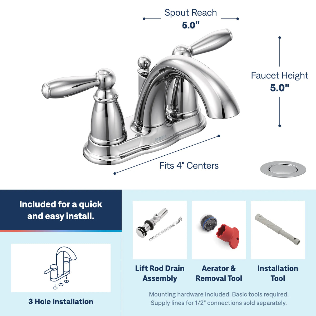 Moen Brantford Two-Handle High-Arc Bathroom Faucet 6610 in Chrome (6610) - view 3