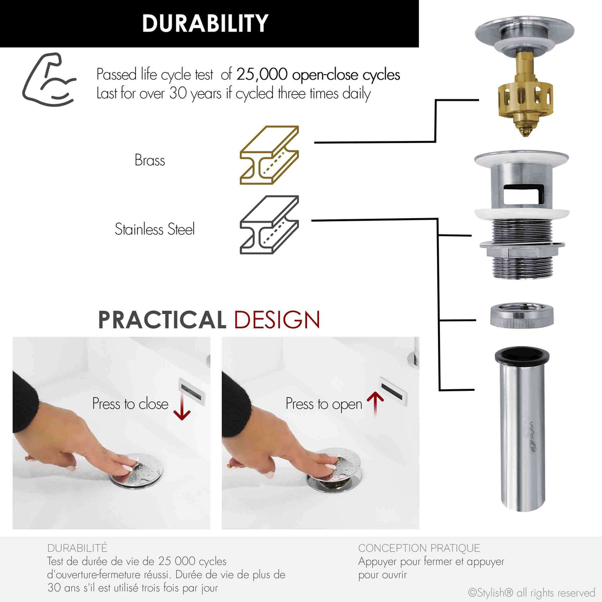 Stylish Pop-Up Bathroom Sink Drains Set with Overflow Polished Chrome D-701C2