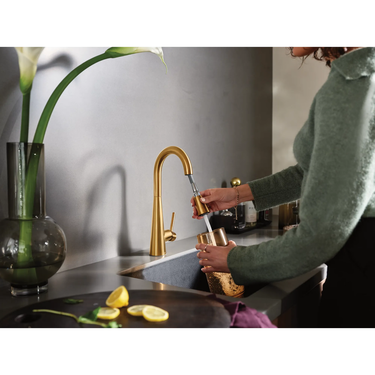 Moen Sleek Single-Handle Pulldown Bar Faucet 7664 in Brushed Gold (7664BG) - view 6