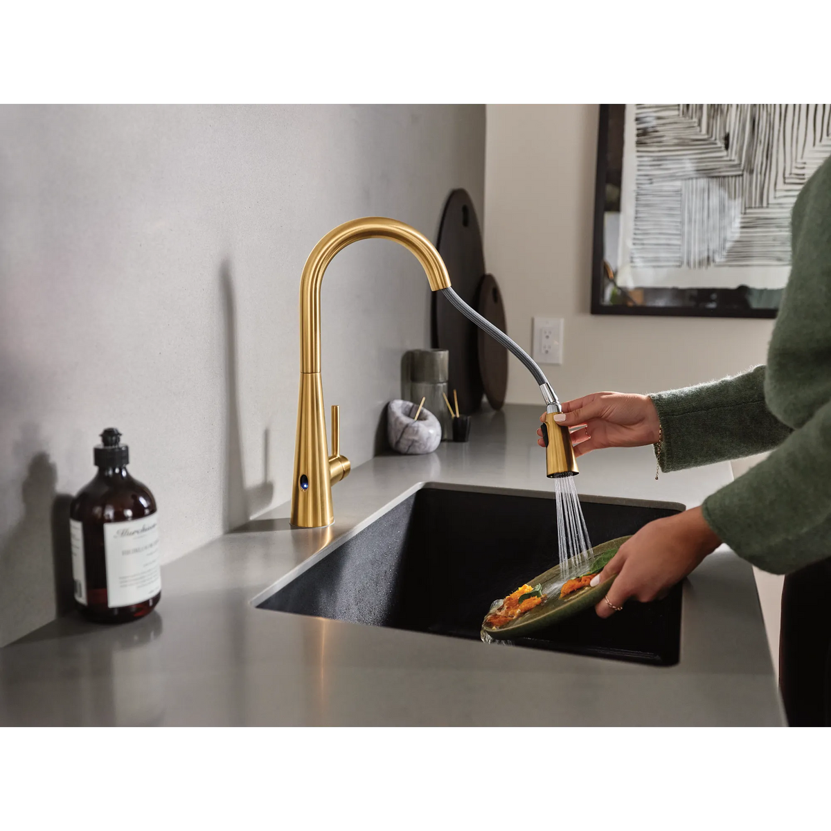 Moen Sleek MotionSense Wave Single-Handle High-Arc Single-Sensor Pulldown Kitchen Faucet 7864EW in Brushed Gold (7864EWBG) - view 12