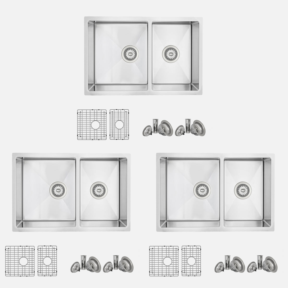Stylish Sevilla 28" Undermount Double Bowl Kitchen Sink 18 Gauge Stainless Steel with Grids and Standard Strainers Set of Three S-403G-3