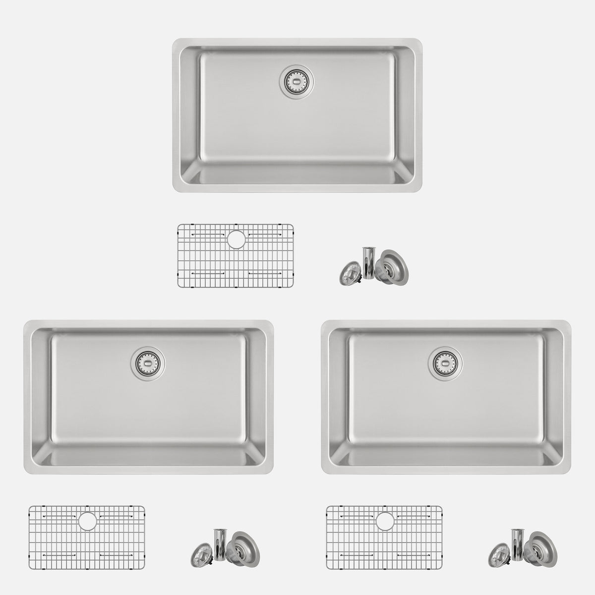 Stylish Malaga 30" Dual Mount Single Bowl Kitchen Sink 18 Gauge Stainless Steel with Grid Standard Strainer Set of Three S-411TG-3