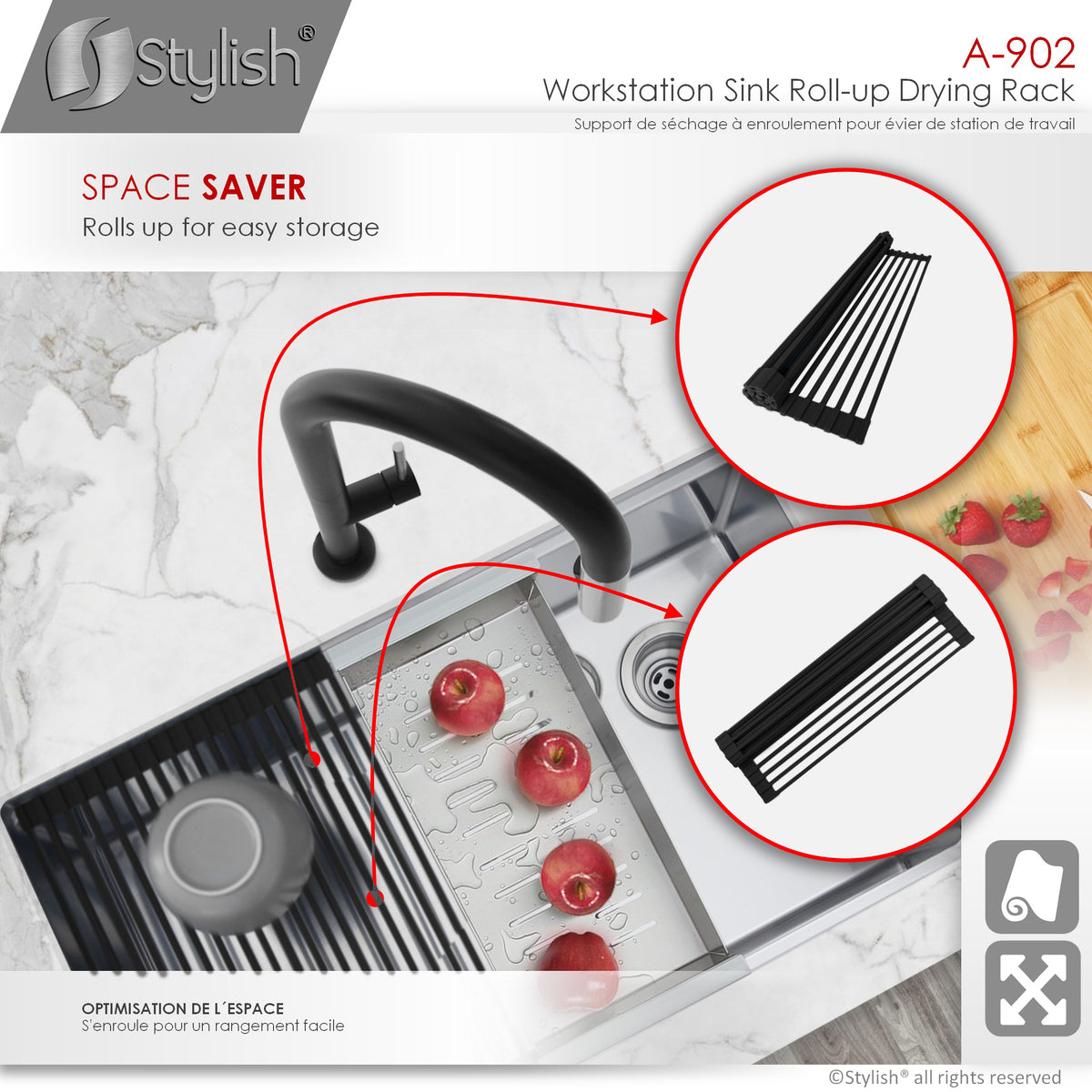 Stylish Multipurpose Over Sink Roll-Up Dish Drying Rack Black A-902BK