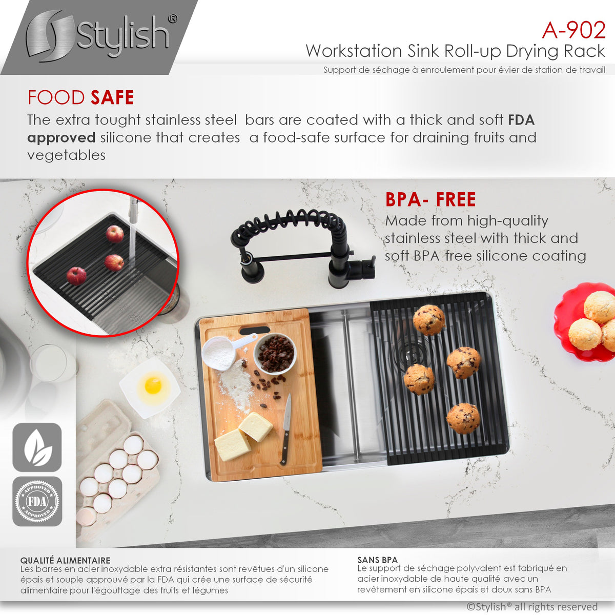 Stylish Multipurpose Over Sink Roll-Up Dish Drying Rack Black A-902BK
